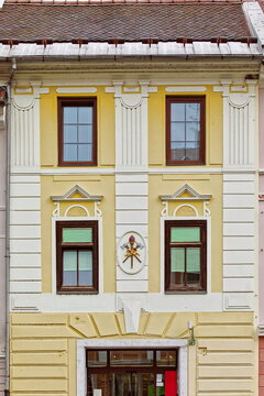 Former Volunteer Firefighters house built in 1906 on Mestni trg square E side wedged between two XVI c.Renaissance buildings. Skofja Loka-Slovenia-153