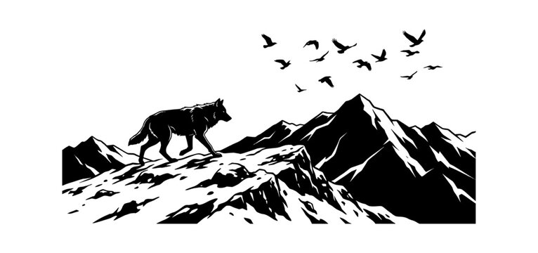 Wolf walking on snowy mountain with birds flying