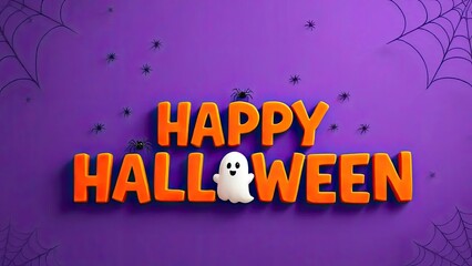 Happy halloween 3d text with ghost and spiders festive october holiday greeting