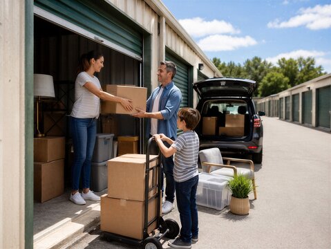 Family unloads boxes from a car into an outdoor self storage unit. Moving, relocation, temporary storage and household organization concept.