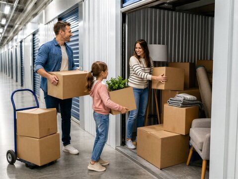 Family places moving boxes and household belongings in an indoor self storage unit. Relocation, temporary storage, teamwork and home moving concept.