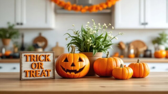 Festive halloween kitchen decor pumpkins 'trick or treat' sign and autumnal touches
