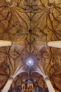 Hall-nave with vault resting on slender columns and moldings representing various guilds, St.Jacob (sv.Jakoba) parish church. Skofja Loka-Slovenia-160