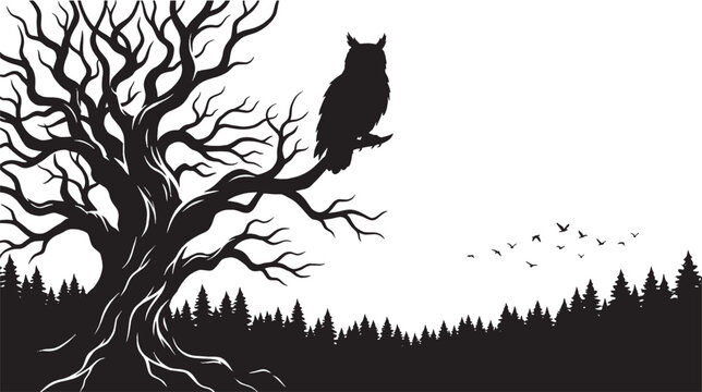 Owl sitting on a bare tree branch in a forest silhouette
