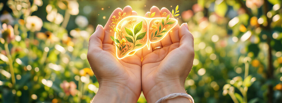 Woman holding glowing herbal liver symbol in hands. Concept of natural organ health and holistic medicine for World Hepatitis Day. Banner with copy space