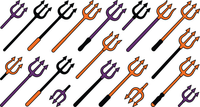 Halloween devil trident pitchfork vector set isolated on white background with orange purple and black colors