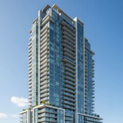 Fototapeta premium Modern high-rise building with blue windows against blue sky