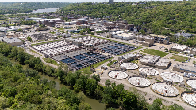 Aerial drone view of a large modern industrial plant water facility
