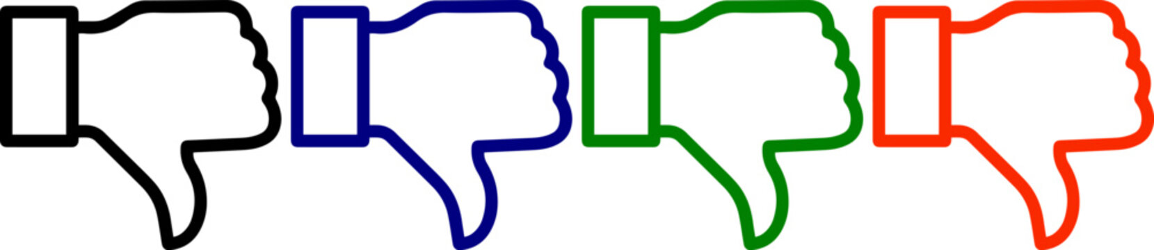 Dislike thumbs down hand gesture icon set in four colors for negative feedback and bad customer experiences.