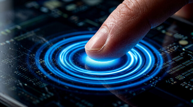 Human finger touching a glowing digital interface screen with concentric light rings