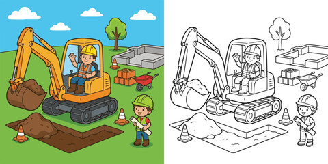 Naklejka premium excavator operator digging foundation young childten learning construction building cartoon clipart and lineart print vector illustration for school student educational color coloring book