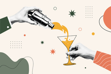 Halftone Collage with Bartender Hand Pouring Cocktail Shaker into Martini Glass. Drink Serving Concept for Bar and Restaurant. Retro Pop Art Style Illustration