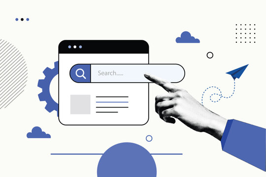 Halftone Collage with Hand Pointing at Web Browser Search Bar. Internet Search Engine and SEO Concept. Online Website Navigation in Retro Pop Art Style