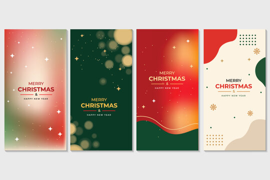 Merry Christmas Poster Set with Gradient Background and Bokeh Lights. Happy New Year Greeting Card Template in Red, Green, and Gold. Modern Holiday Social Media Story Design