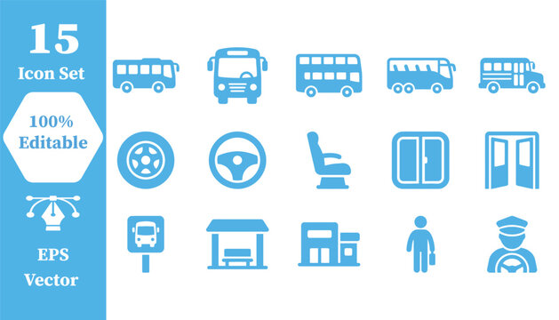 Bus transport and public transit icons set with transportation, steering