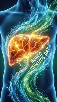 Glowing human liver model with water liquid effect for World Hepatitis Day. Medical anatomy illustration of internal organ health. Educational biology concept for disease awareness.