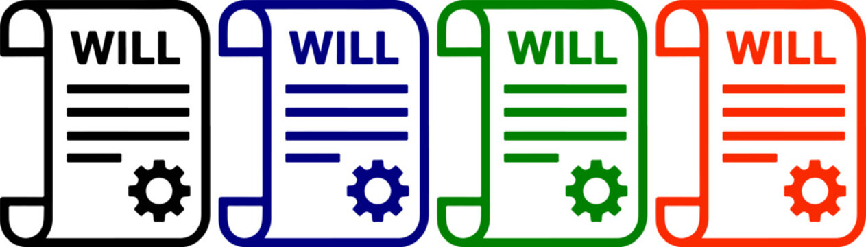 Last will and testament scroll with gear icon vector. legal document and estate planning concept.
