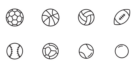 Sport ball icons set: football, basketball, volleyball, rugby, baseball, soccer, tennis, golf. © Nuruzzaman
