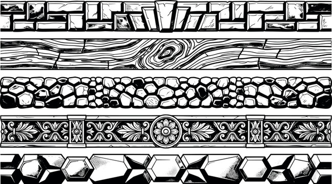 Set of seamless texture borders with stone wood and architectural patterns transparent background