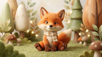 Fototapeta premium Cute fox nursery art animal fox character forest adorable illustration. Kids orange playful wildlife childhood whimsical smiling