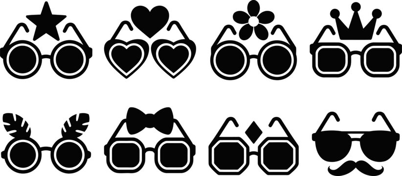 Collection of stylized graphic illustrations depicting various fun and quirky sunglasses designs for playful photo booth props and creative celebrations