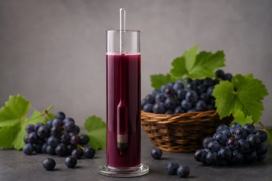 Hydrometer in glass cylinder with grape juice. Winemaker testing alcohol density of fermentation process in cellar. Quality control of homemade wine production and berry harvest.