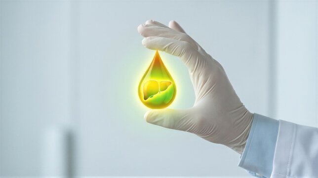 Doctor wearing glove holding golden liver icon inside glowing drop. Medical awareness concept for World Hepatitis Day. Clinical diagnostic symbol for organ health and disease screening.