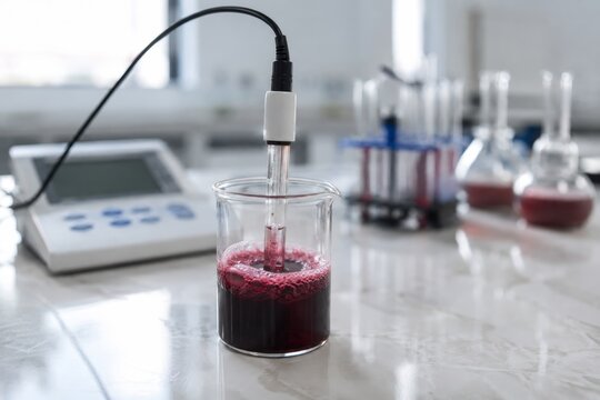 Winemaker using pH meter to measure acidity of wine sample in laboratory flask. Enology quality control process with red grape juice for chemical analysis and vintage production testing.