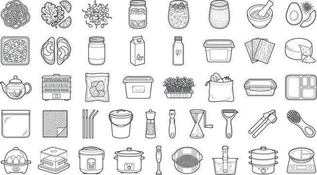 Kitchen Food Preservation and Cooking Equipment Line Icon Collection Vector Illustration Set