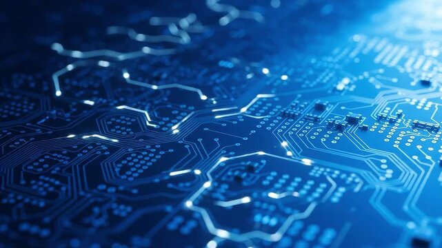 Closeup of a blue printed circuit board with electronic components