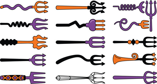 Halloween spooky devil pitchforks and evil demon tridents vector illustration set isolated on a white background.