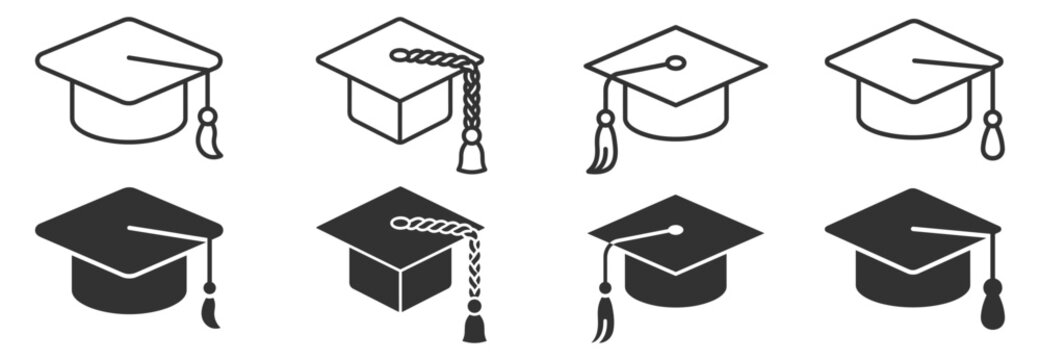 graduation caps icons set vector illustration of six different university mortarboards with tassels on transparent background