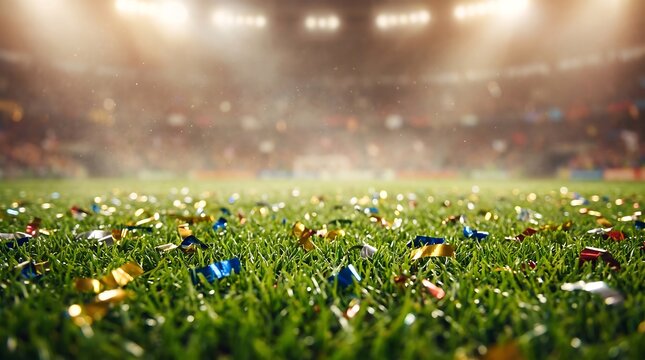 Close up view of a grass field covered in colorful confetti after a major soccer match victory