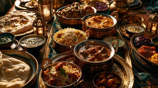 Traditional Indian feast spread across long dining table with curries, biryani, naan bread, chutneys, and brass serving dishes