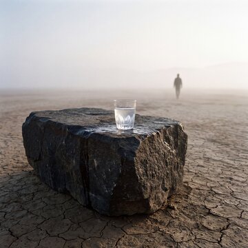 Glass of fresh water on a large rock in a dry cracked desert landscape with a lonely silhouette walking into the mist