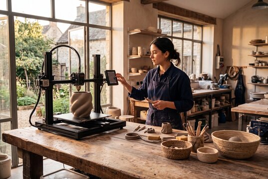 Female artisan using a 3D printer to create a ceramic vase in a rustic pottery studio, blending traditional craftsmanship with modern technology