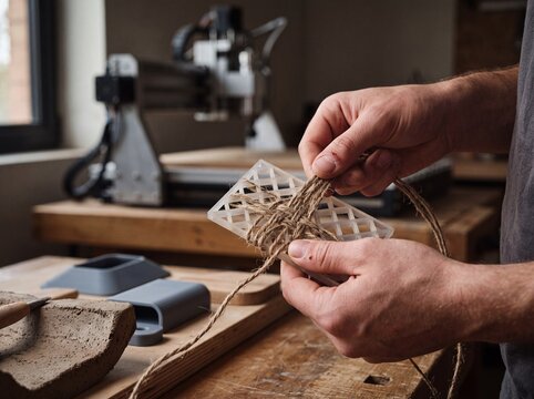 Artisan hands wrapping a 3D printed lattice structure with natural jute twine in a modern workshop setting with a CNC machine in the background