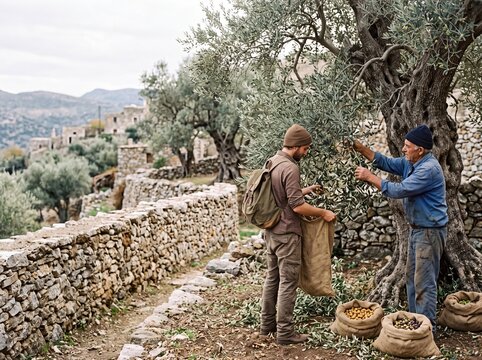 Traditional olive harvest in a Mediterranean grove with an older and younger man picking fruit by hand into burlap sacks near an ancient stone wall