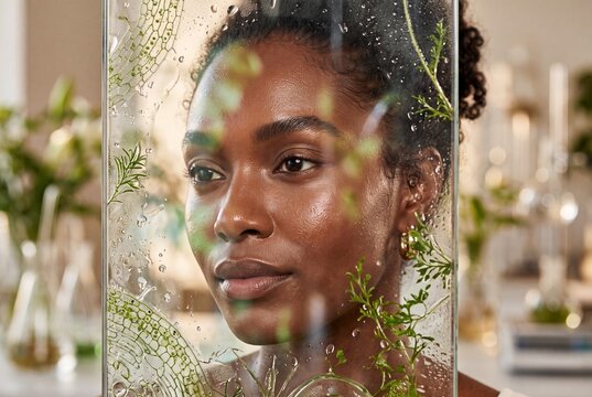 Portrait of a beautiful Black woman with radiant skin seen through a glass pane with botanical patterns and water droplets in a laboratory environment for skincare research