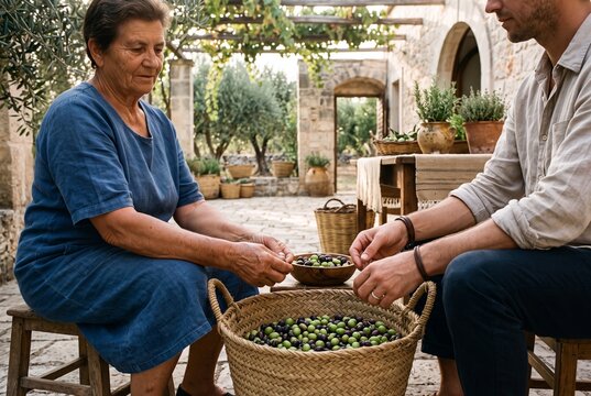Senior woman and young man sorting freshly harvested green and black olives in a traditional Mediterranean stone courtyard, showcasing agricultural heritage
