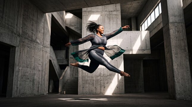 Energetic plus-size Black woman performing a graceful mid-air leap in a brutalist concrete building with dramatic natural light