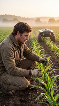Modern farmer examining young corn plants in a field with an autonomous robot vehicle working in the background at dawn