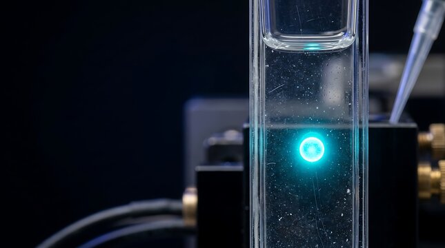 Scientific experiment with glowing turquoise light in a glass cuvette