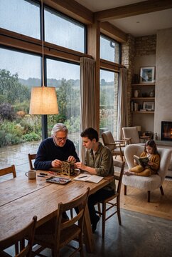 Senior man and young woman meticulously repair a mechanical clock at a wooden table in a cozy, modern home while a little girl reads a book by the fireplace on a rainy day