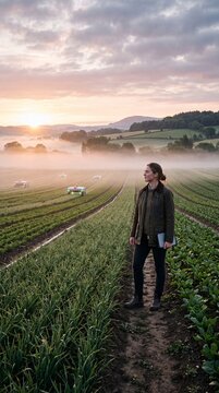 Female agronomist monitoring autonomous agricultural robots in a misty crop field at sunrise, demonstrating modern smart farming technology and automation