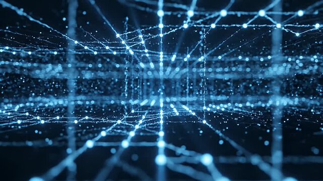 A digital network of glowing blue particles forms an abstract cube shape in the darkness.