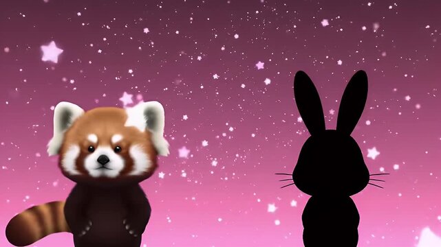 A cute red panda stands next to a silhouette of a rabbit against a starry pink background.