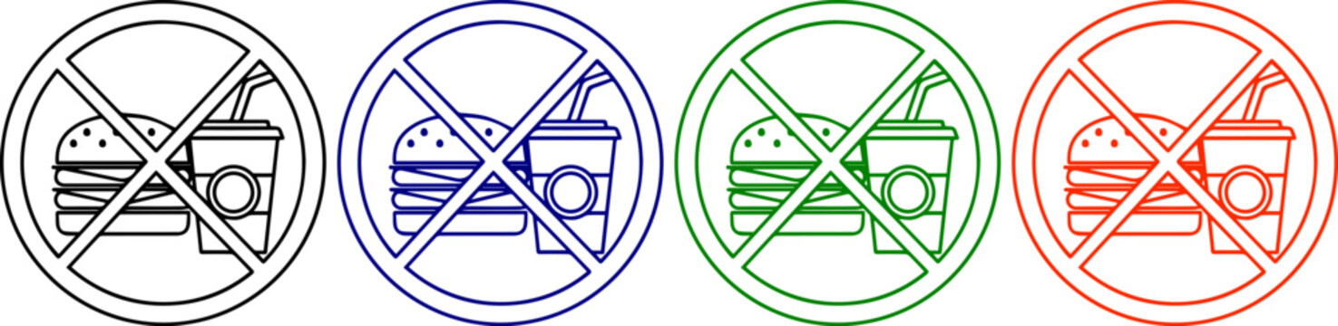 Set of no food and drink icons in four colors on transparent background, isolated vector objects for signs.