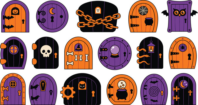 Spooky Halloween wooden doors and magical witch house gates vector illustration set with holiday charms isolated on white background.