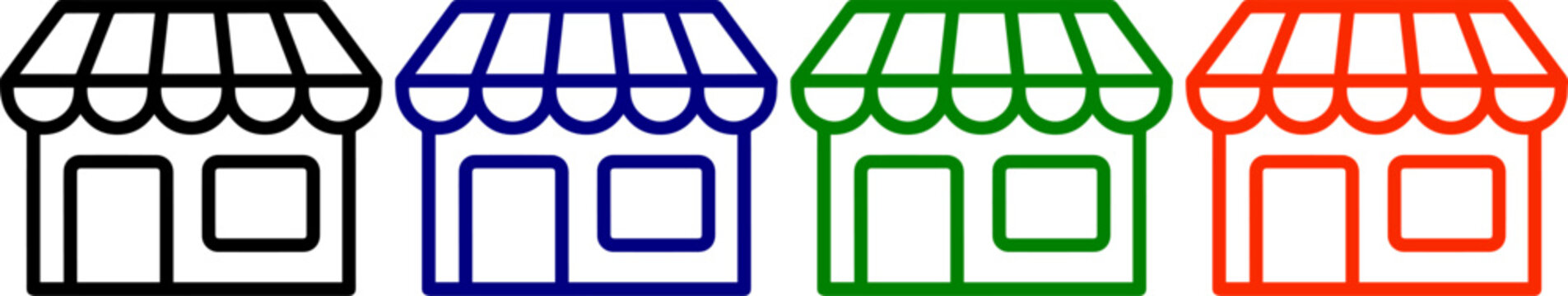 Shop front store facade outline icons set with awning and display window in black blue green and red style.